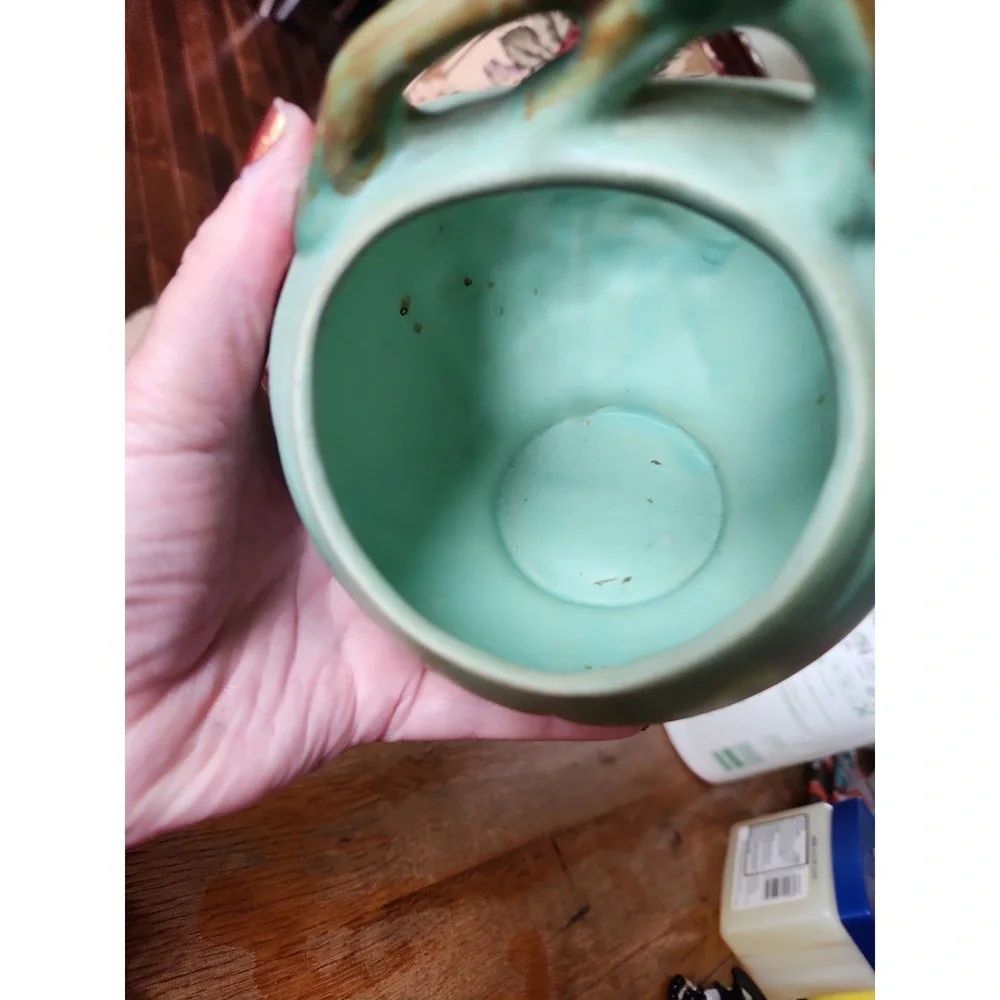 Vintage Weller Art Pottery Wild Rose Matte Green / Blue Basket Vase